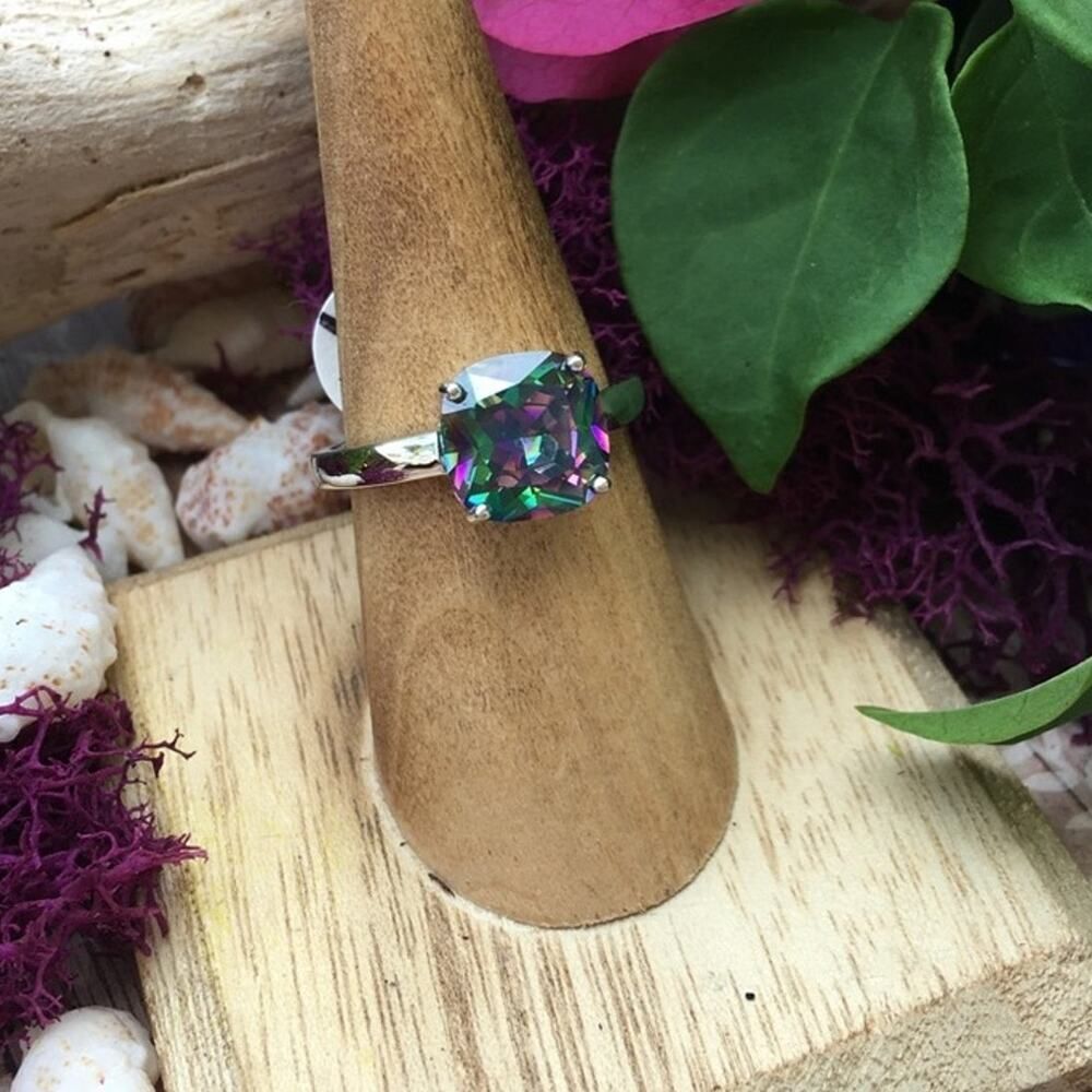 Rainbow Topaz Cushion Cut Sterling Silver Ring